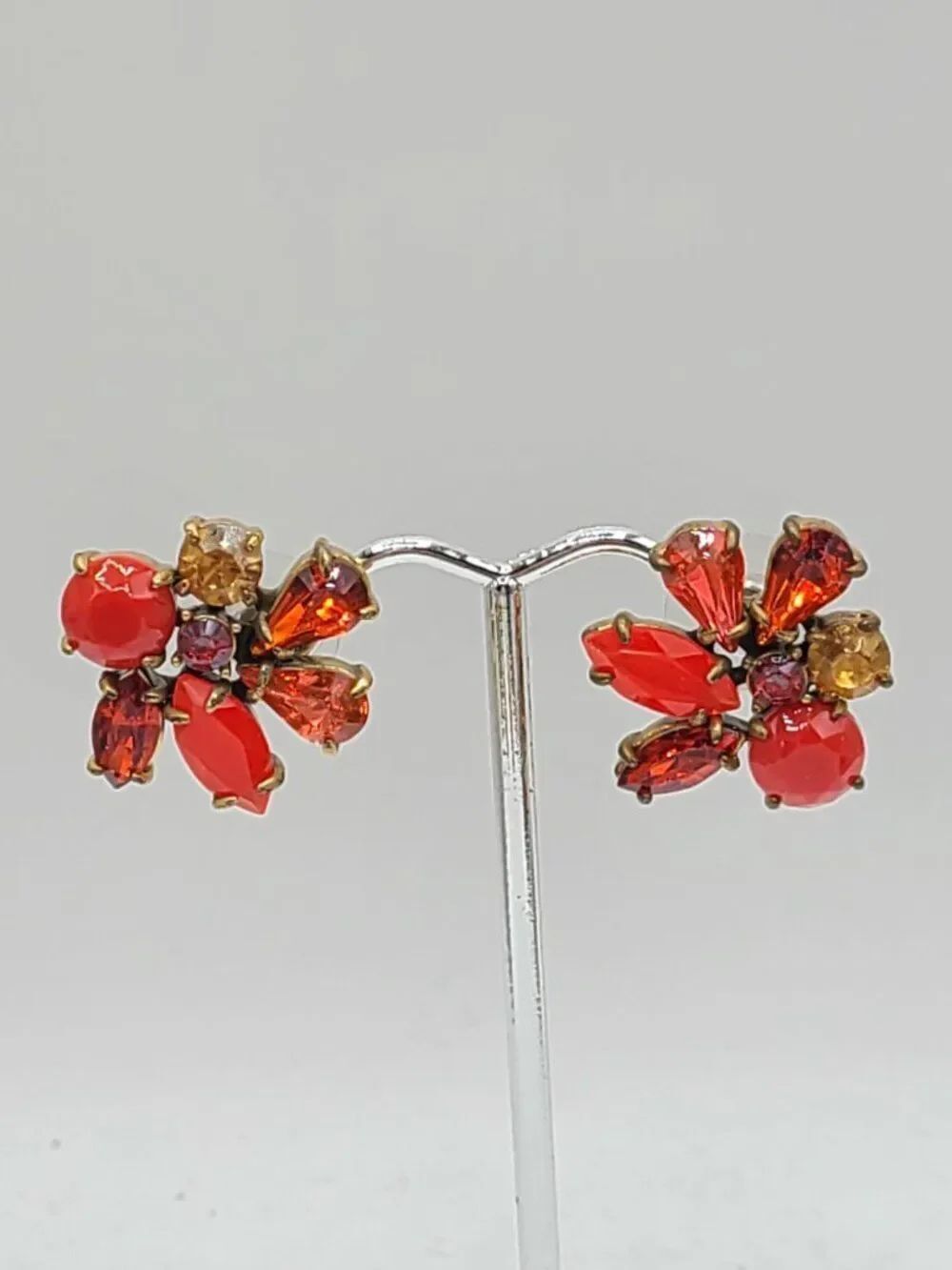 J Crew Red Crystal Gold Tone Stud Cluster Earrings